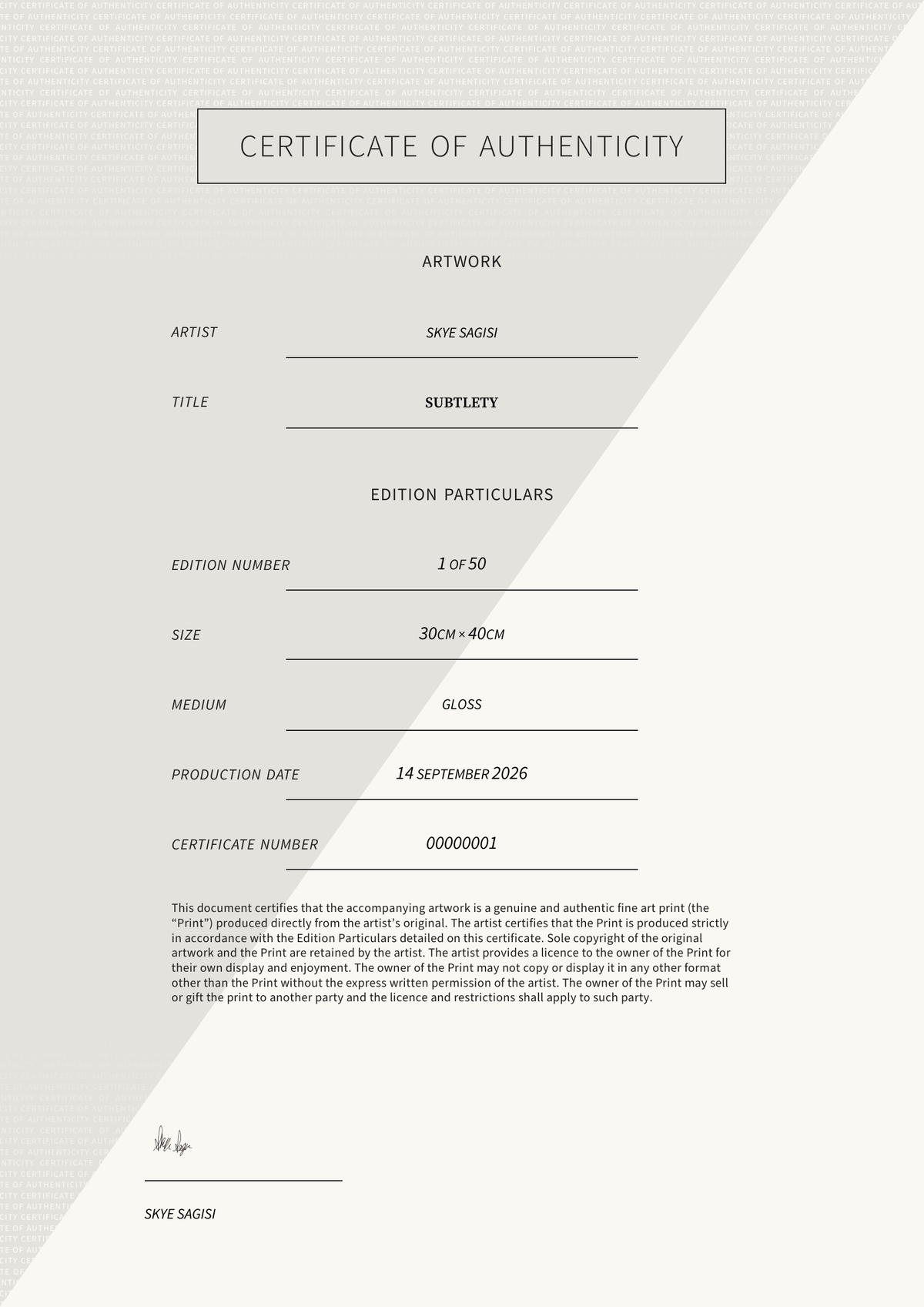 Subtlety — Certificate of Authenticity