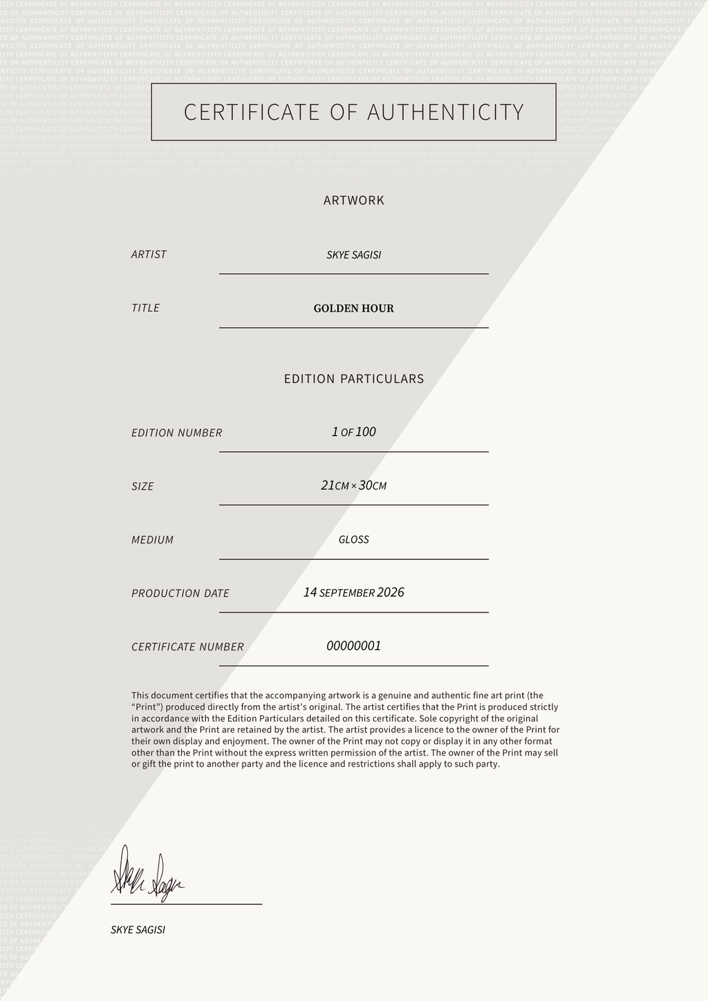Golden Hour — Certificate of Authenticity