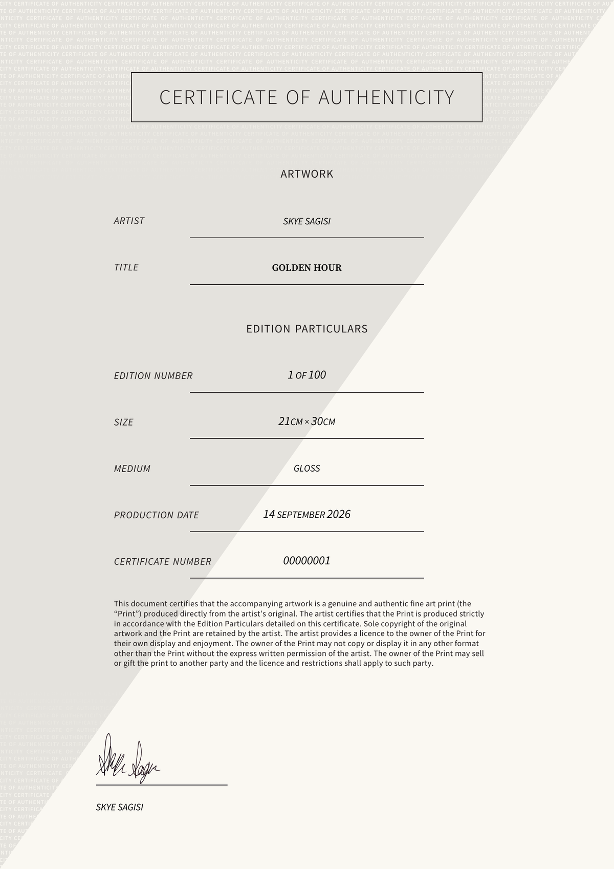 Golden Hour — Certificate of Authenticity