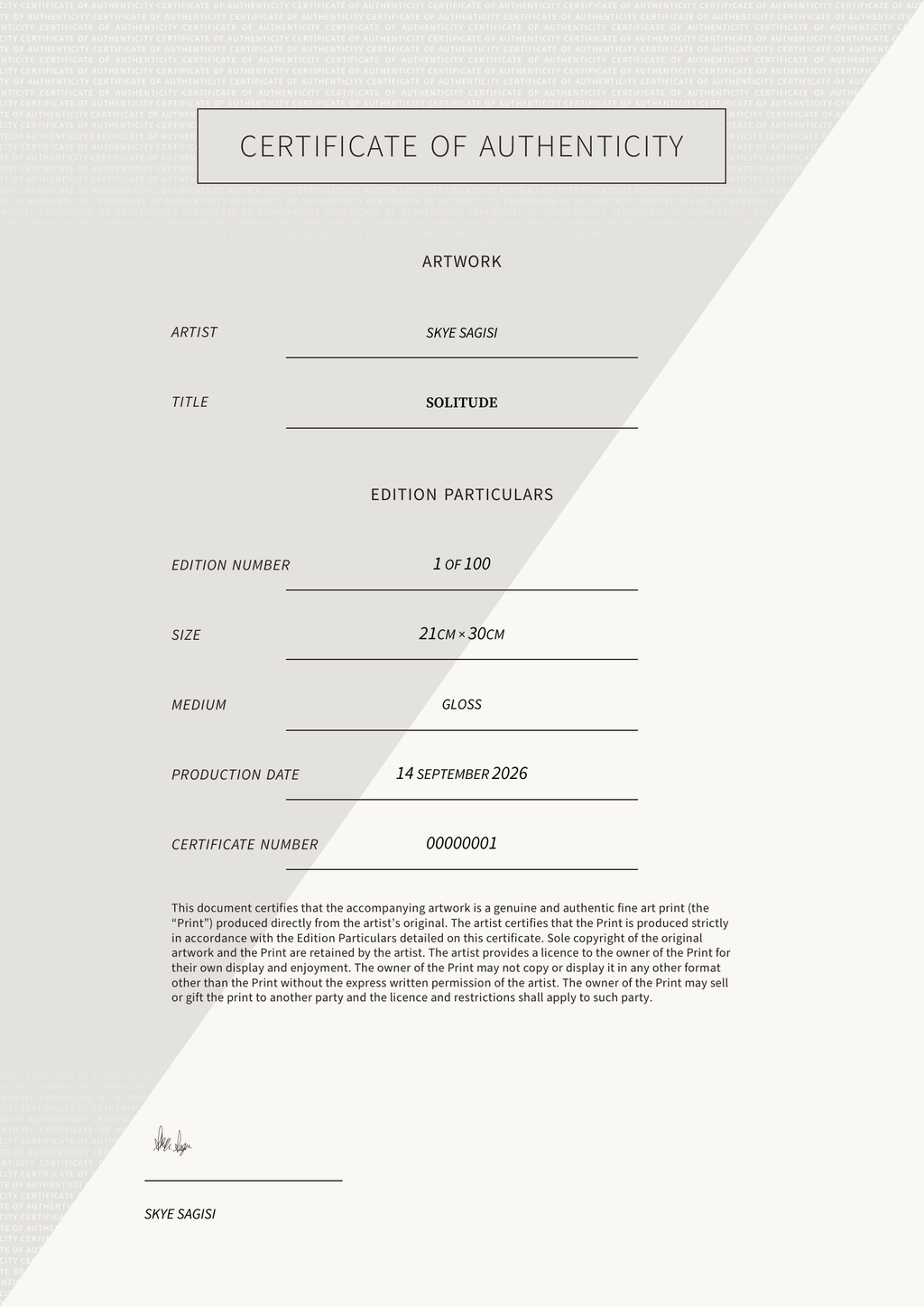 Solitude — Certificate of Authenticity