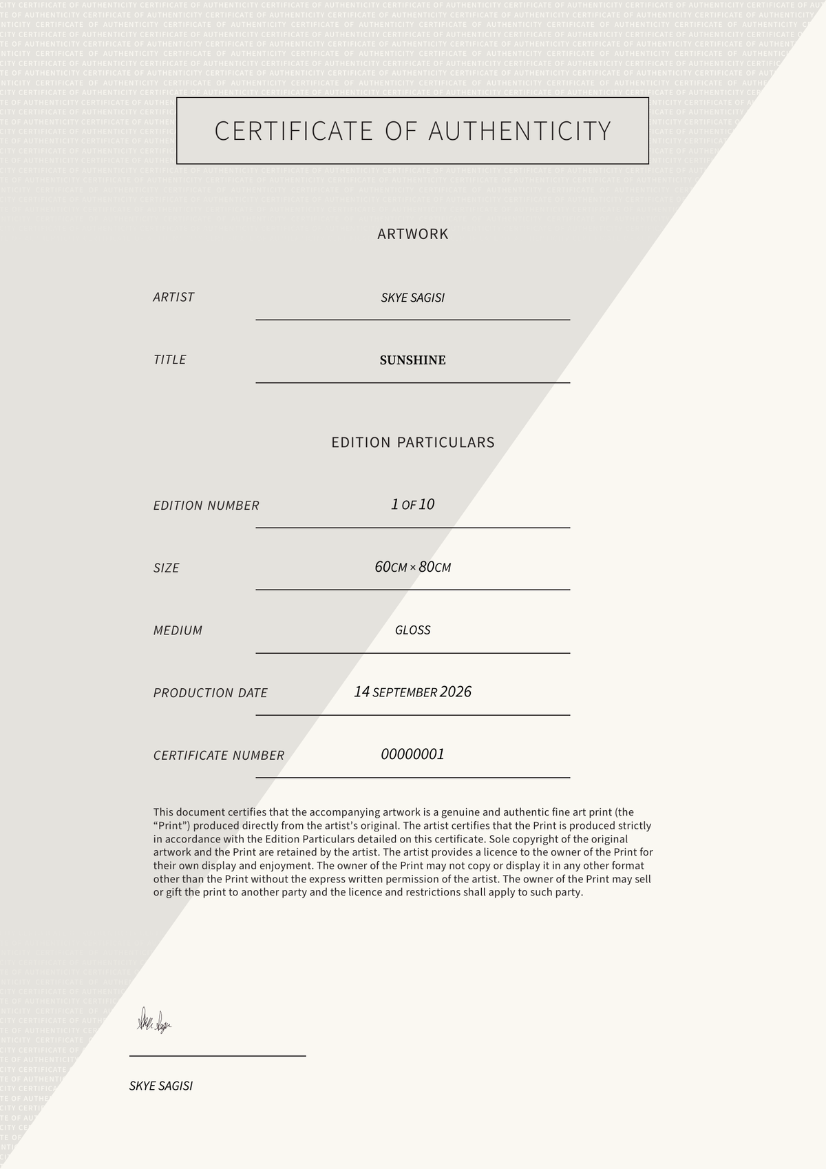 Sunshine — Certificate of Authenticity